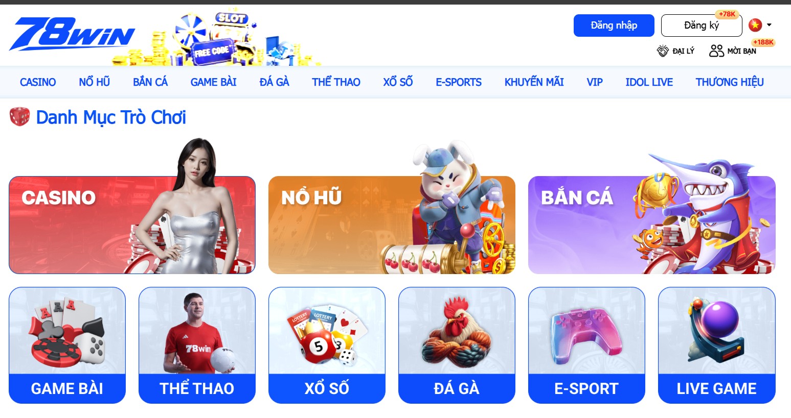 Danh mục trò chơi có tại 78win
