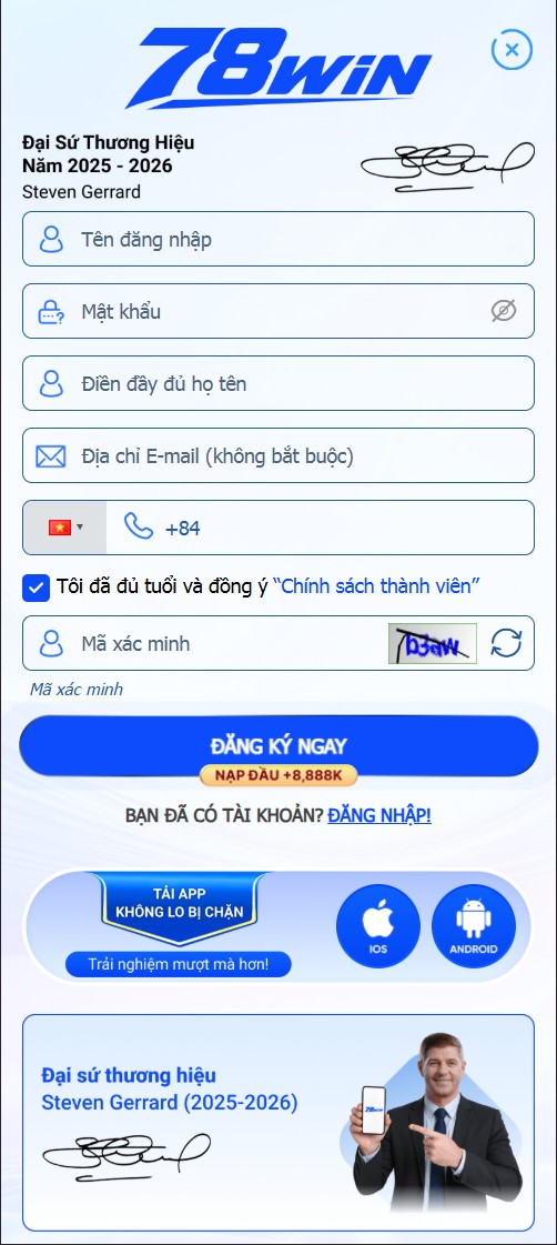 Giao diện đăng ký trên Mobile